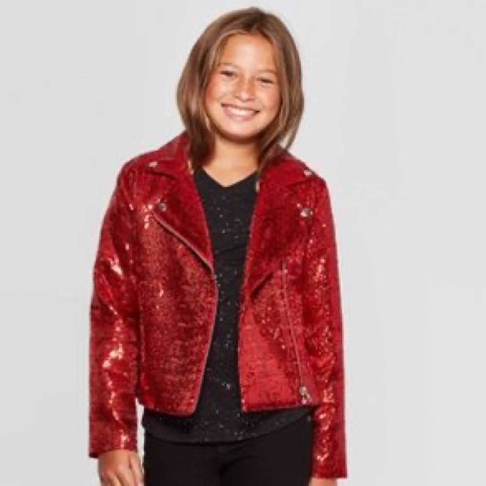 NWT JoJos closet red sequins moto jacket sz 10/12